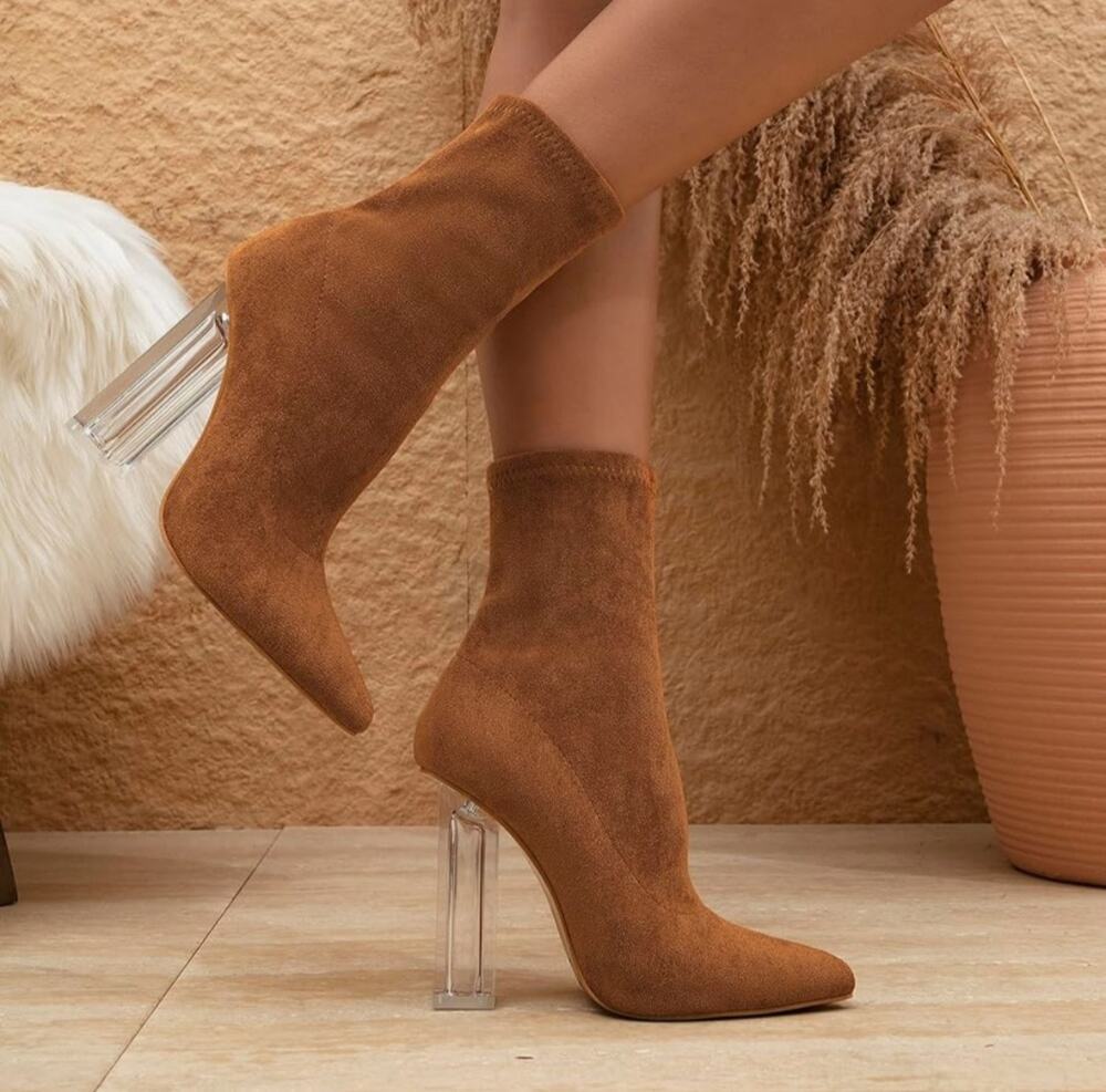 Bj.. MSRP $40 NWB GETMOREBEAUTY BROWN STRETCH SUEDE CLEAR BLOCK HEEL BOOTS ♡6.5♡
